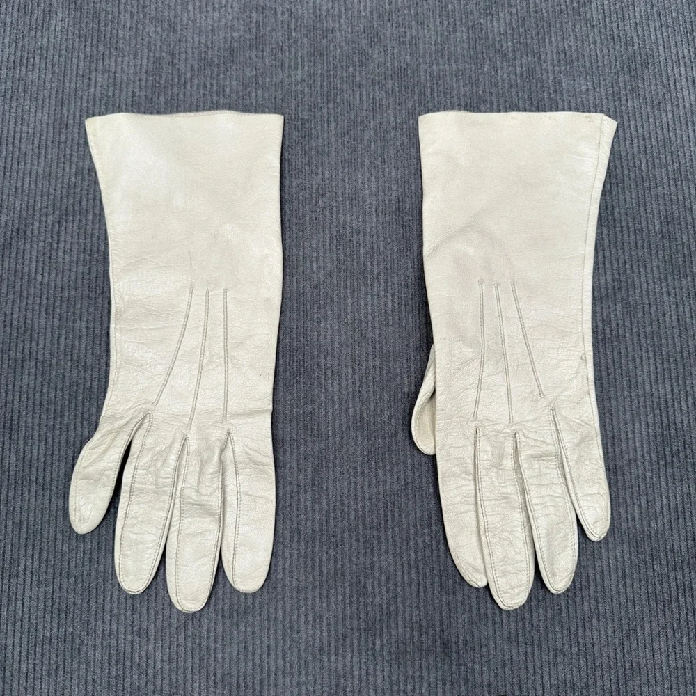 Vintage Cream Leather Dress Gloves Mid Length Three Point Stitch Off White